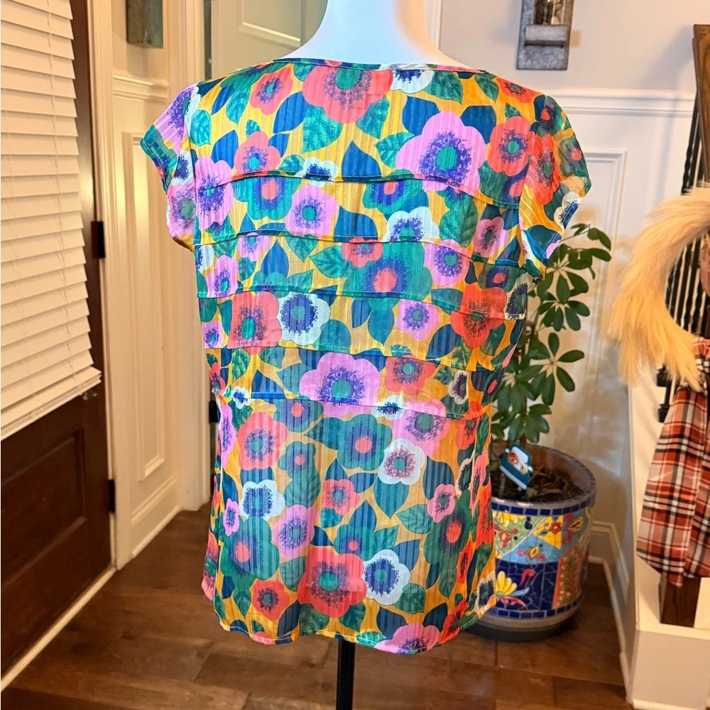 Modcloth NWOT Chiffon Multicolor Floral Button Front Semi Sheer Tiered Blouse - Picture 3 of 6